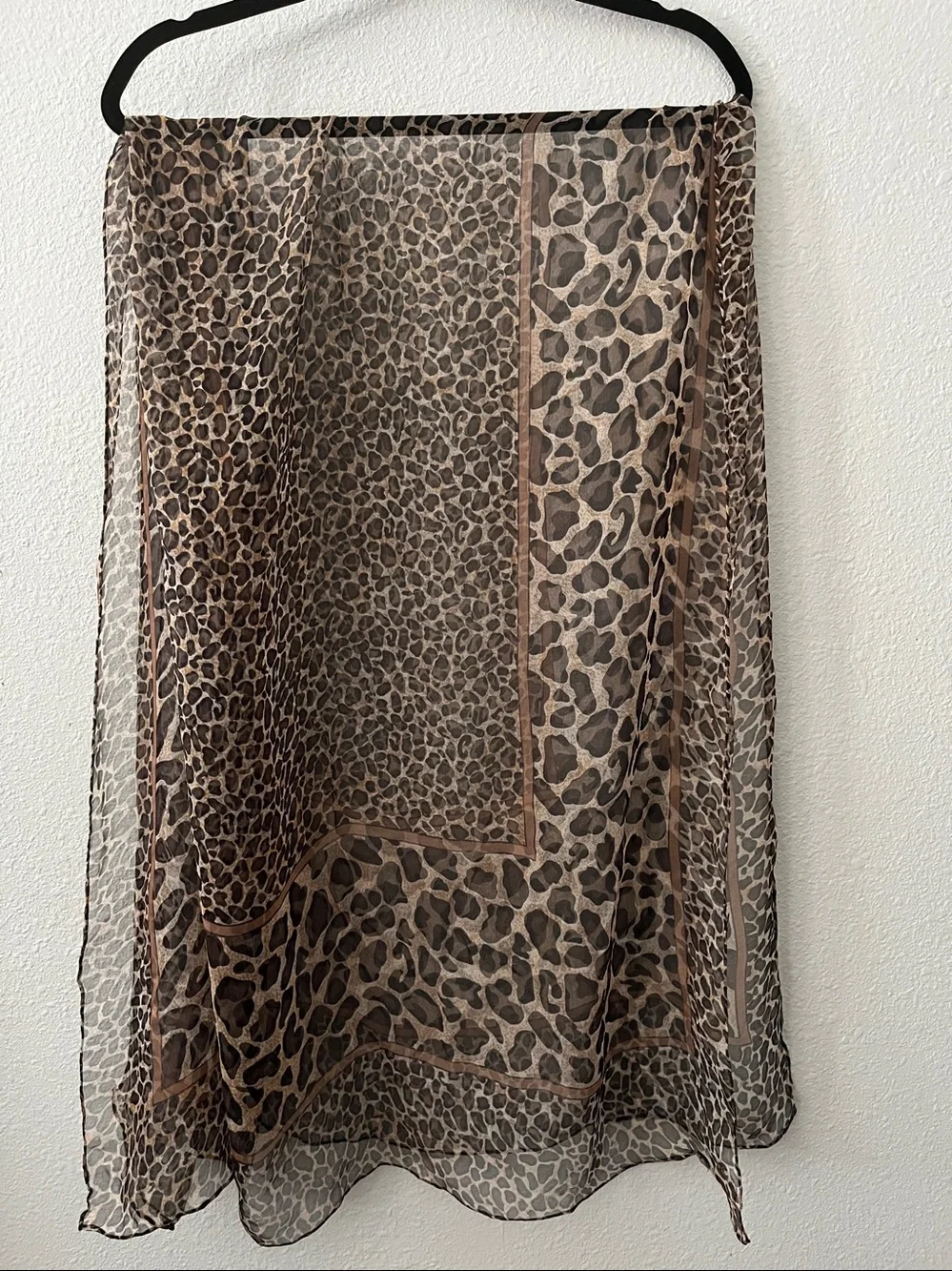 100% Silk Leopard Print Sheer Wrap scarf - Brown/Cream Hand rolled hem